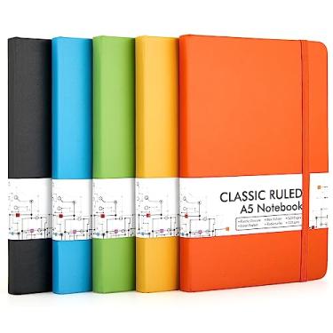 Imagem de feela Caderno de diário a granel para escola, capa dura, clássico, pautado, com suporte para caneta, escritório, diário, com 5 canetas pretas, 120 g/m2, 13 x 21 cm, pacote com 5, A5, cores lisas