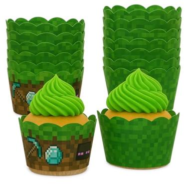 Imagem de 24 peças de envoltórios de cupcake estilo pixel – Suporte reversível de bolo verde e suja para copos de mineiro suprimentos de festa para meninos, aniversários, jogos e decorações de festa temáticas