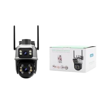 Imagem de Câmera IP Sem Fio de Segurança Externa HD 3MP, Câmera de Visão Noturna Infravermelha WiFi, Dupla Lente Grande Angular, IP66 à Prova D'água e à Prova de Poeira, Luz de Advertência