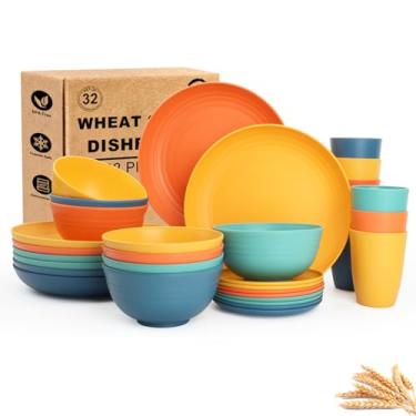 Imagem de BUSOKIP Conjunto de 32 peças de louça de palha de trigo, conjunto de pratos para 8, conjunto de pratos e tigelas inquebráveis, pratos de jantar seguros para micro-ondas, pratos de sobremesa, tigelas