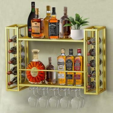 Imagem de Rack de vinho de metal montado na parede, suporte de garrafa flutuante suspenso com suporte de vidro, prateleira de armazenamento de exibição de parede para bar doméstico, sala de jantar, cozinha