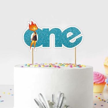 Imagem de Elemetal One Cake Topper Decoration – Artigos de festa de 1º aniversário para meninos ou meninas – Fire Water Earth Air Theme First Birthday Cake Topper – Decoração de festa inspirada em filmes