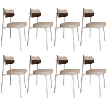 Imagem de Kit 08 Cadeiras Estofada Para Sala de Jantar Astrid Branco C01 Linho Areia Courino Whisky - Lyam Decor