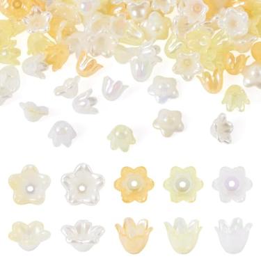 Imagem de Beadthoven 200 pçs 5 estilos acrílico flor contas contas amarelo transparente trompete lírio sino tulipa contas de flor mini tampas florais capa espaçadores para fazer joias diy pulseira brincos