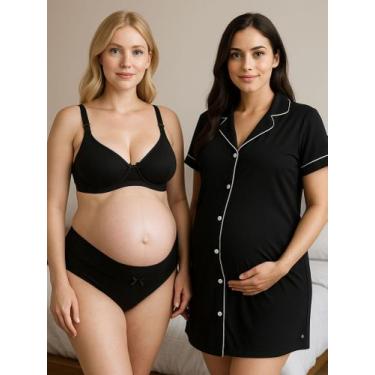 Imagem de Camisola Blogueira com Botões Sutiã Amamentação e Calcinha Pós Parto -