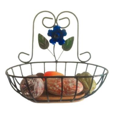 Imagem de Fruteira de Parede 1 Andar em Ferro e Madeira Oval P - Art MM, Azul