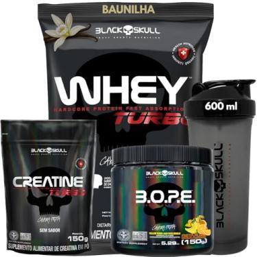 Imagem de Whey Protein Concentrado + Creatina Monohidratada 150g + Pré-Treino B.O.P.E 150g + Coqueteleira 600ml - Kit Black Skull Para Ganho de Massa e Força (Whey Baunilha + Bope Frutas Amarelas)