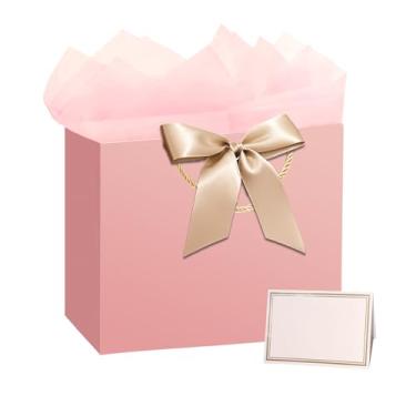 Imagem de PrintGuru Bolsa de presente rosa grande de 33 cm com alças, bolsa de presente de aniversário com papel de seda e cartão comemorativo, bolsa de aniversário para mulheres e meninas, perfeita para