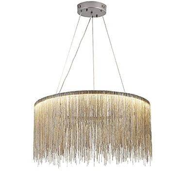 Imagem de Pendente de luz LED redondo com borla, lustre moderno de tambor de corrente, luminária de teto decorativa de luxo para sala de estar, hotel, quarto, sala de jantar, prata + branco frio - 60