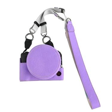 Imagem de Capa R50 V, capa BMAOLLONGB feita à mão de couro PU meia câmera versão abertura inferior para Canon Eos R50 V R50V com alça de pescoço capa para lente (roxa)