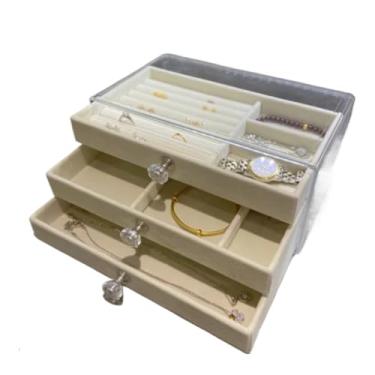 Imagem de Porta Joias AcríLico 3 Camadas - Com DivisóRias Em Veludo Para AnéIs, Brincos E Pulseiras - Caixa Organizadora Transparente Com Tampa De AcríLico(Bege)