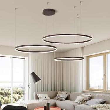 Imagem de Modernas luzes pendentes de anel LED, lustre de alumínio regulável para sala de estar com controle remoto, luzes de teto para sala de jantar, luminária suspensa de metal e acrílico, lâmpadas