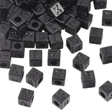 Imagem de Cheriswelry 150 peças de contas grandes europeias de letra cubo preto 12 mm opaco alfabeto acrílico letra espaçador contas espaçadoras grandes pingentes para artesanato faça você mesmo, pulseira