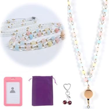 Imagem de Cordão retrátil para professor com suporte de identidade, lindos cordões de contas de ágata de cristal de madeira para crachás de identificação com chaveiro de cereja e bolsa organizadora de veludo