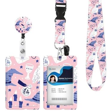 Imagem de Porta-crachá de identificação com cordão retrátil e chaveiro, carretel de crachá com clipe de mosquetão giratório, chapéu mágico de Halloween, cartão de estrela, etiqueta de nome, cordão, protetor de