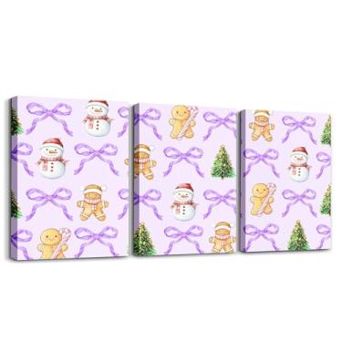 Imagem de Feelyou Arte de parede roxa em tela de Natal para sala de estar quarto crianças 30,5 x 40,6 cm x 3 peças bonito laço pão de gengibre imagem de casa de banho meninos meninas árvore de natal boneco de