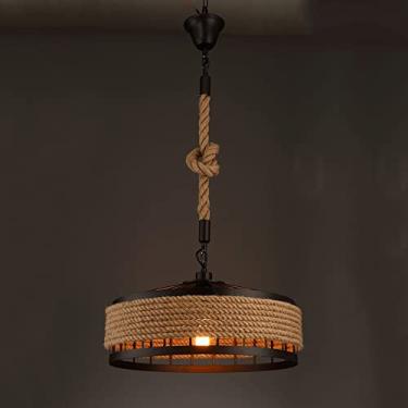 Imagem de YQSLQZZ Lustre redondo para sala de jantar de 29 cm, luminária pendente de barbante industrial vintage, barra de ilha de cozinha preta, luzes de teto suspensas