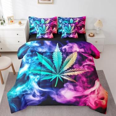 Imagem de Erosebridal Jogo de cama King com folhas de cannabis, lençol com folhas de maconha, lençol king, planta botânica, conjunto de 7 peças para crianças, meninos e meninas, conjunto de cama psicodélica
