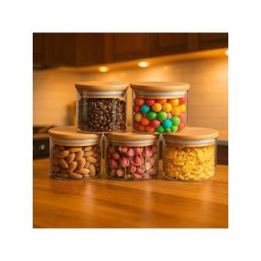 Imagem de Pote de Vidro 500ml com Tampa de Bambu Hermético Redondo Circular Mult