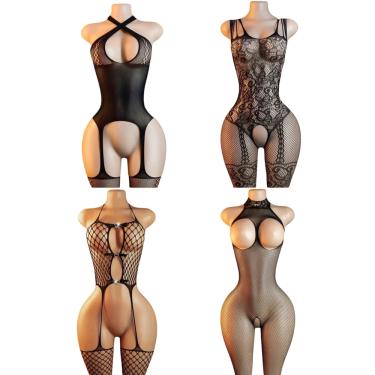 Imagem de KIT 4 Lingerie Sexy Feminina Collants Florais Pretos ElaShopp