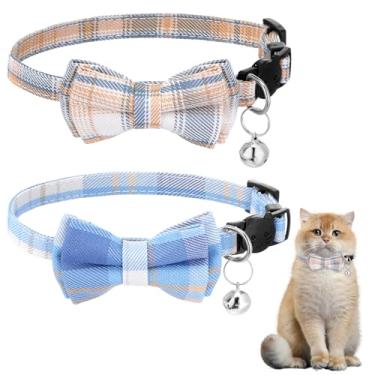Imagem de XLIUAX 2 peças de gravata borboleta para gatos, coleira de gravata borboleta com sinos, coleira xadrez azul e branca ajustável para gatinhos filhotes e animais de estimação pequenos
