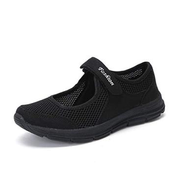 Imagem de Bigfanshu Tênis feminino raso de malha ultra leve casual Mary Janes confortável caminhada tênis plus size, Preto, 5