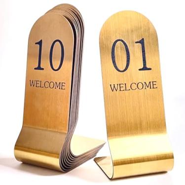 Imagem de SIWOT Cartões de lugar de aço inoxidável de 16/20 cm de altura, 10 pçs/conjunto de cartões de assento empilháveis de dupla face, números de mesa verticais, porta-cartões de metal (15 cm, preto dourado