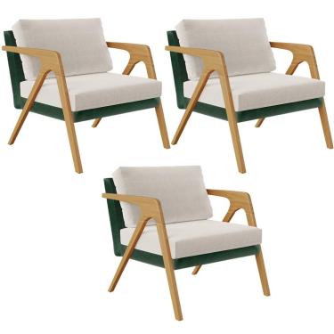 Imagem de Kit 03 Poltronas Decorativas Sala Estar Pietra L02 Facto Verde Musgo Linho Cru - Lyam Decor