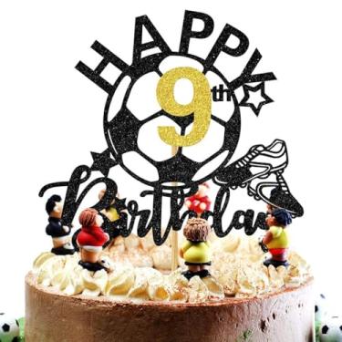 Imagem de Topo de bolo de futebol com glitter, feliz aniversário de 9 anos, brinquedos para jogadores de futebol / decorações de bolo de festa com tema de futebol de 9 anos, suprimentos de decoração de festa