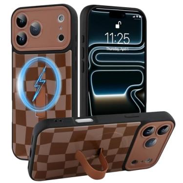 Imagem de SOKAD Capa quadriculada magnética para iPhone 17 Pro Max com suporte de alça de dedo, compatível com Magsafe, lindo tabuleiro de xadrez projetado para mulheres e homens, capa de proteção completa para