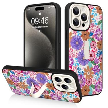 Imagem de AIGOMARA Capa para iPhone 15 Pro Max com suporte de alça de dedo, estampa floral colorida para mulheres e meninas, capa protetora à prova de choque com suporte de mão antiarranhões, branca