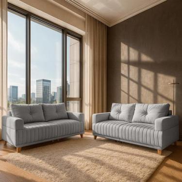 Imagem de Conjunto Sofá 3x2 Lugares Leona em Linho Bom Pastor, Linho Cinza