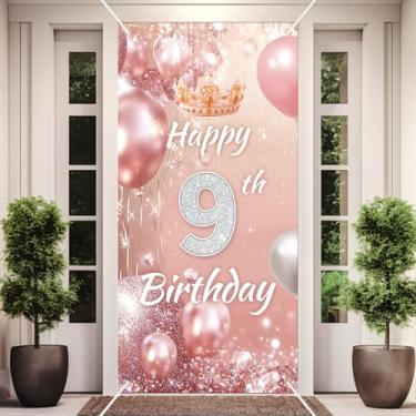 Imagem de Faixa rosa rosa feliz aniversário 9 anos pano de fundo diamante glitter tema decoração para meninas princesa festa de aniversário decoração decoração suprimentos 89 x 182 cm BECKTEN