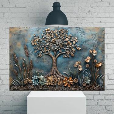 Imagem de Arte de parede em tela rústica vintage árvore da vida metálica com flores - pôster sem moldura de 30 x 45 cm - ideia de presente para decoração de casa e escritório para sala de estar, quarto, cozinha