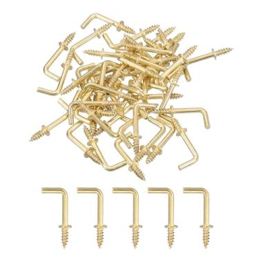 Imagem de Ganchos de ângulo reto, 100 peças de ganchos de parafuso em forma de L de 1/5.1 cm, ganchos de parafuso em forma de L, 7 ganchos de metal de ângulo reto para pendurar, ouro