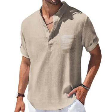 Imagem de Camisa Casual De Verão Masculina Com Gola Henley Em Algodão E Linho, R