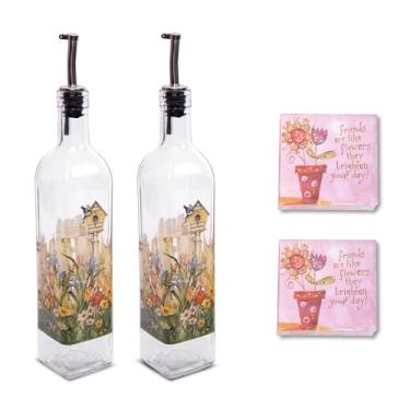 Imagem de Topadorn Conjunto de garrafas dispensadoras de azeite de oliva de 500 ml para cozinha, 2 garrafas dispensadoras de óleo de vidro com despejadores de aço inoxidável, 2 pacotes de papel, casa de flores