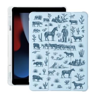 Imagem de BlHMCASE Capa Western Cowboy para iPad 7ª/8ª/9ª geração com suporte para lápis, hibernar/despertar automático, capa traseira de TPU macio de couro azul para iPad de 10,2 polegadas 2019/2020/2021