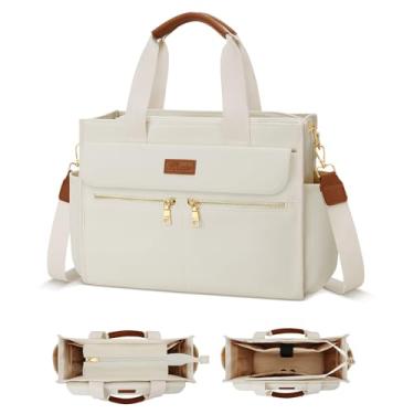 Imagem de KKXIU Bolsa feminina grande de lona com zíper e compartimentos para trabalho, faculdade, bíblia, lapatop, bolsa transversal, Bege, Large