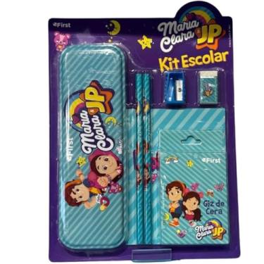 Imagem de Kit Escolar, Azul, com Estojo 23x18x3cm, Lápis, Giz de Cera, Apontador, Borracha, Caderno 12 Folhas, Material Escolar Completo