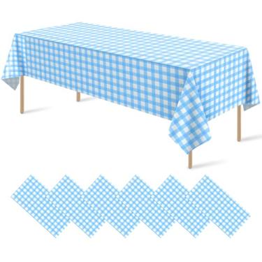 Imagem de Pacote com 6 toalhas de mesa de plástico azul claro e branco, toalha de mesa xadrez xadrez azul claro decorativa premium para festas, capa de mesa retangular para piquenique na fazenda, aniversário