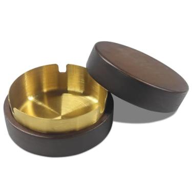 Imagem de DUSCOKE Cinzeiro portátil para carro com tampa à prova de vento, porta-copos para cigarros autoextinguível sem fumaça, mini lixeira, cinzeiro de madeira removível de aço inoxidável para escritório em