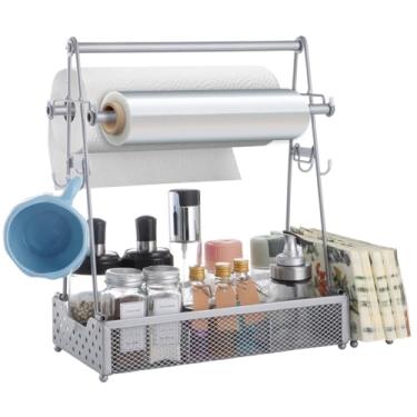 Imagem de Fácil montagem e construção durável, suporte de condimentos com alça e suporte de rolo de toalha de papel, suporte de utensílios de piquenique, para acampamento, festa, cozinha, talheres