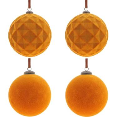 Imagem de Conjunto de 4 peças de enfeites de bola de Natal extragrande de veludo 15 cm cobre laranja flocado para árvore de Natal com 10 peças de laços de veludo inquebráveis decorações de Natal para decoração