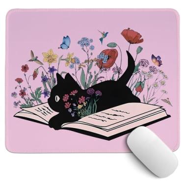 Imagem de PaJiaNi Tapete de rato fofo de gato preto, tapete de rato de anime kawaii, tapete de mesa floral rosa feminino para decoração de escritório, dormitório, mesa, presente para amantes de gatos, 29 x 24