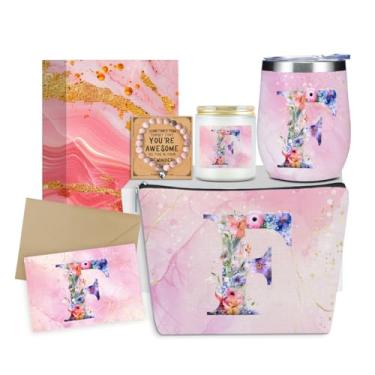 Imagem de XLRSDF Presentes personalizados monograma presentes de aniversário para mulheres, tia avó aposentadoria natal inicial copo de vinho bolsa de maquiagem conjunto de pulseira vela perfumada (flor rosa