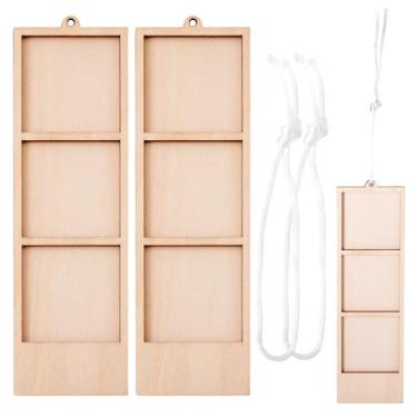 Imagem de Handship 2 porta-retratos de colagem de 15 x 4 cm, três aberturas, mini molduras de madeira retangulares para pendurar na parede com corda para exibir imagens de 4 x 4 cm, decoração de casa de árvore