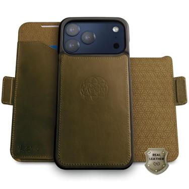Imagem de Dreem Real Leather for iPhone 17 Pro Case Wallet, Revolutionary Phone Stand, MagSafe-Fit, Magnetic Detachable Flip Cover, RFID Blocking Card Holder, Gift-Box [Fibonacci:Olive]