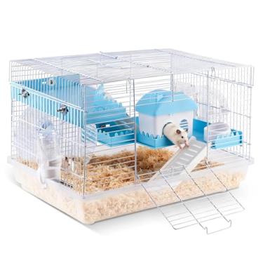 Imagem de Kalolary Gaiola de hamster anão de 3 níveis, pequena gaiola de metal à prova de mastigação para hamster habitat gaiola de viagem ratos ratos casa com conjunto completo de acessórios (47 cm C x 30 cm L
