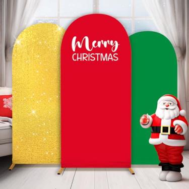Imagem de Conjunto de 3 capas de pano de fundo de arco com tema natalino, fundos de Feliz Natal, arqueado, tecido elástico, vermelho, verde e dourado com gliter, capas de tecido para decoração de festa de Natal